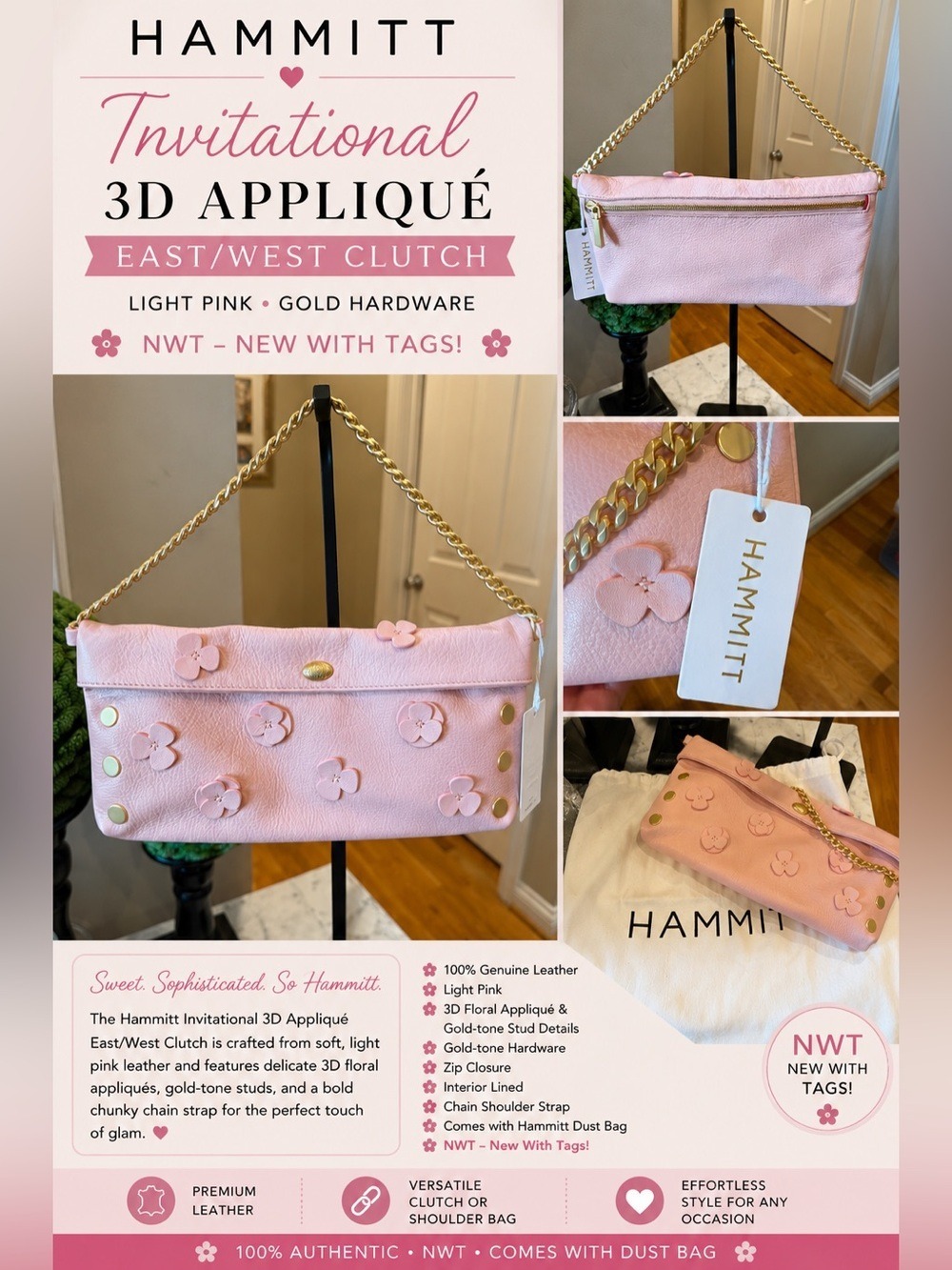 Hammitt Invitational 3D Appliqué East/West Clutch - NWT light Pink